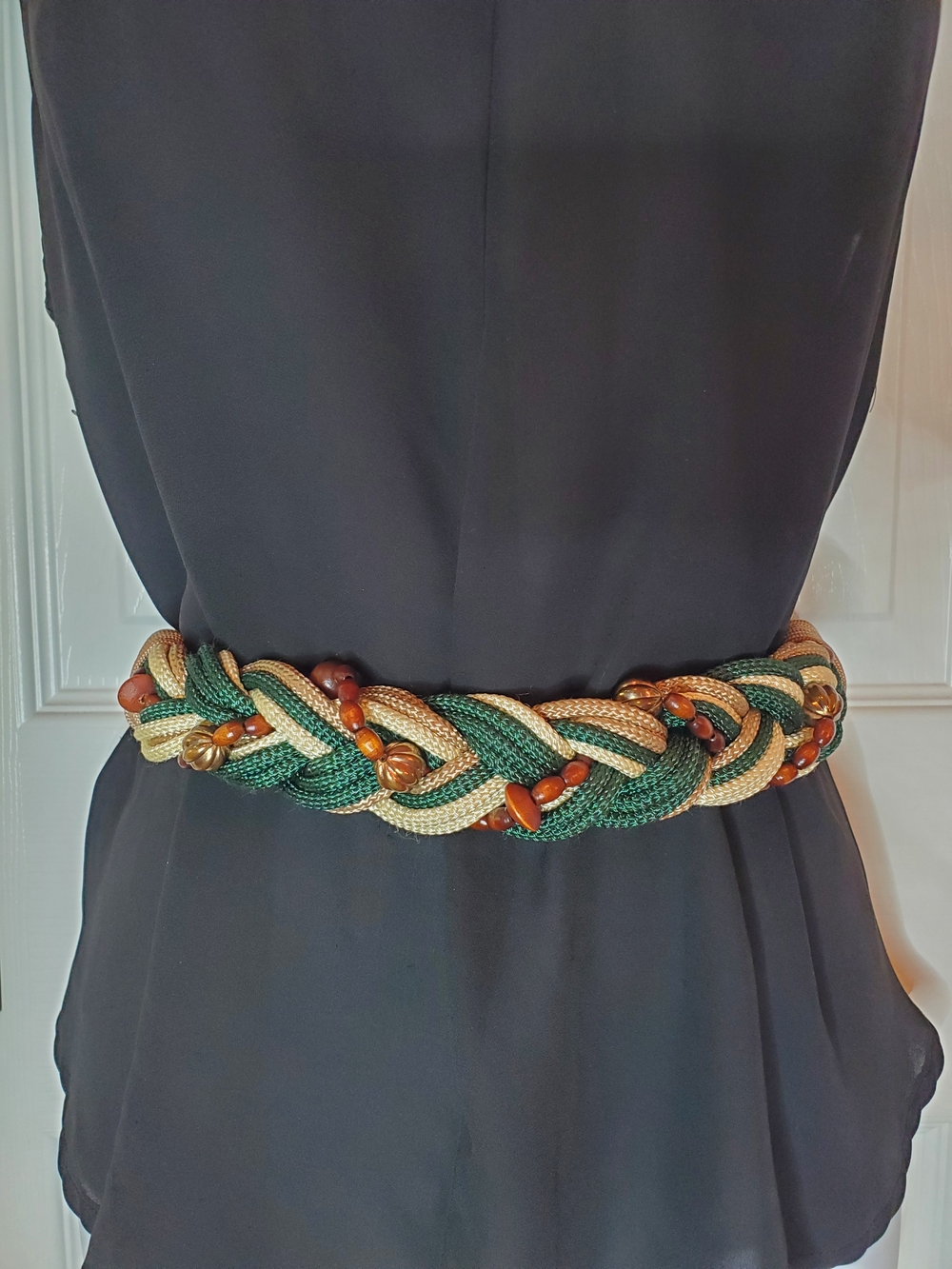 Vintage Braided Cord Belt | Emerald Green & Gold Earthy Boho Statement